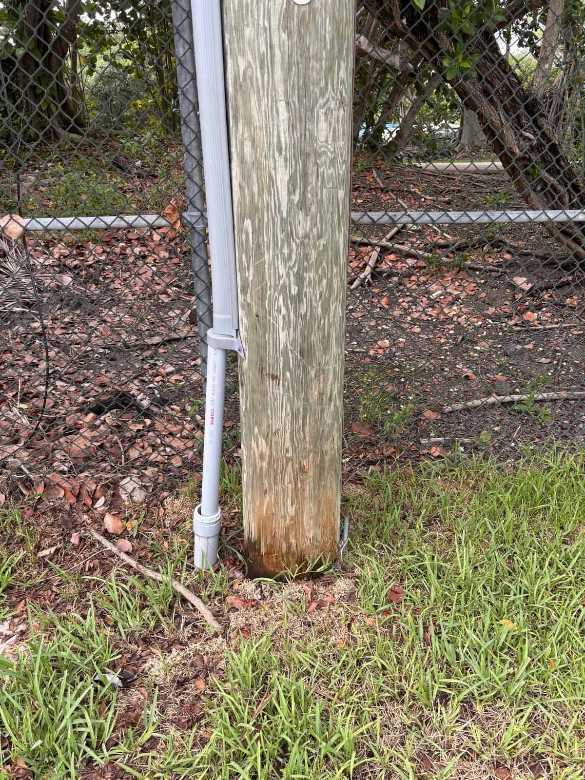 Wooden utility pole next to metal fence with electrical conduit at base.