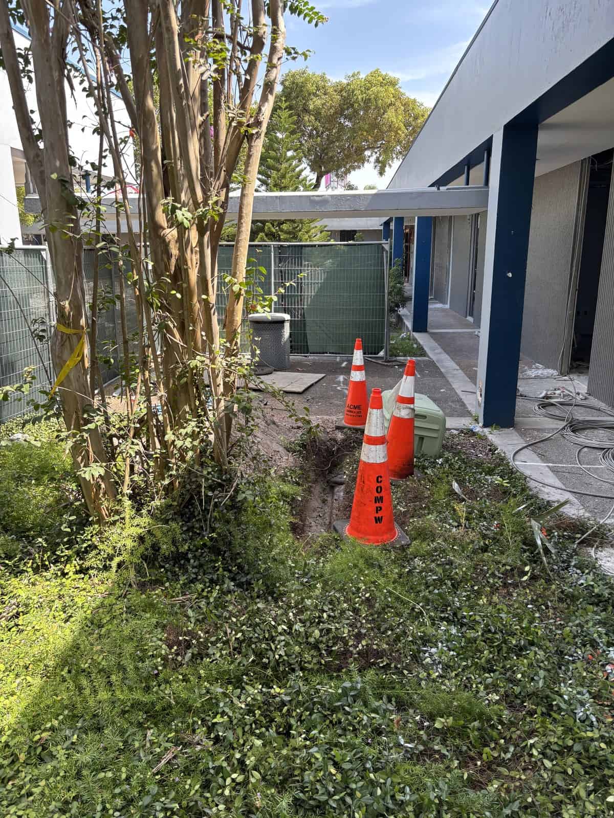 Construction cones and equipment outside modern building with trees and greenery.