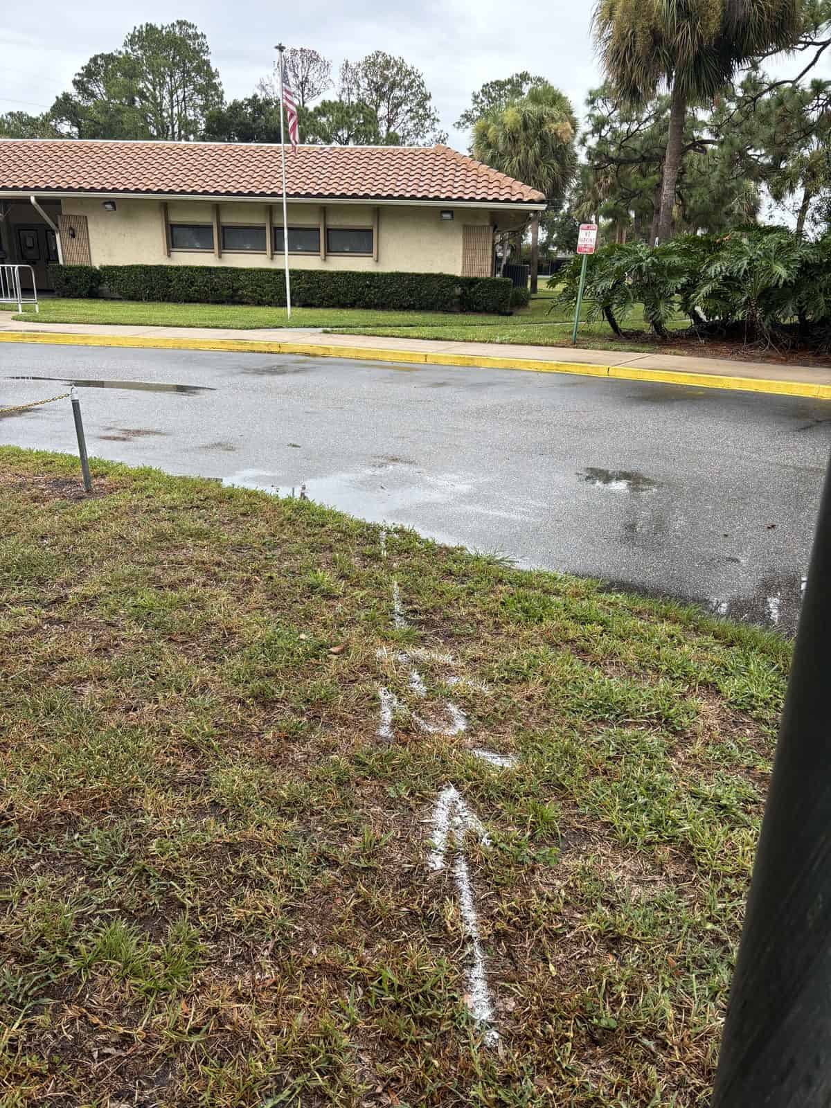 Parking lot markings with numbers 1, 2, 3 on grass near building.