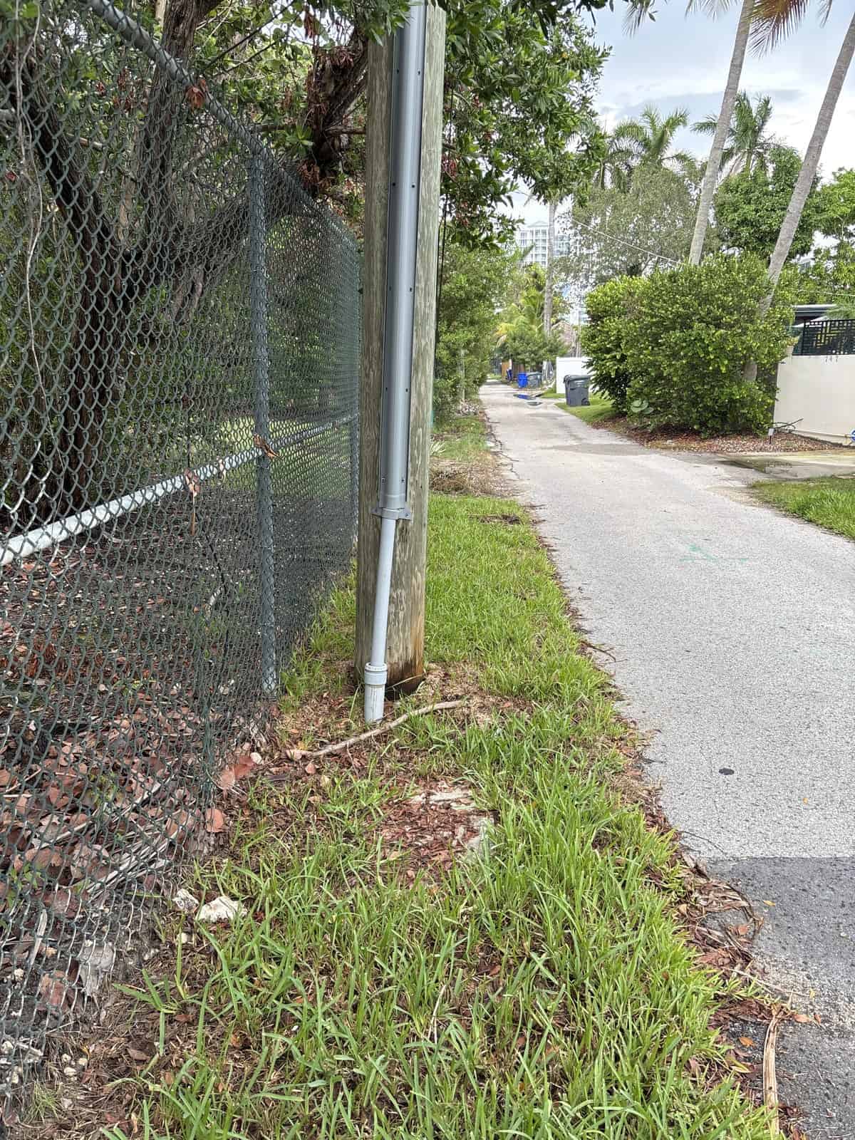 Sidewalk with chain-link fence and greenery in a residential area.
